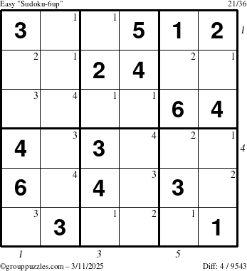 The grouppuzzles.com Easy Sudoku-6up puzzle for Tuesday March 11, 2025 with all 4 steps marked