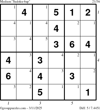 The grouppuzzles.com Medium Sudoku-6up puzzle for Tuesday March 11, 2025 with all 5 steps marked