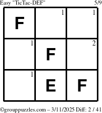 The grouppuzzles.com Easy TicTac-DEF puzzle for Tuesday March 11, 2025 with the first 2 steps marked