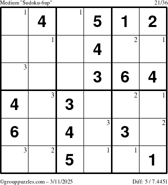 The grouppuzzles.com Medium Sudoku-6up puzzle for Tuesday March 11, 2025 with the first 3 steps marked