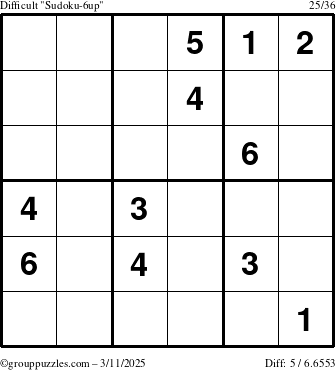 The grouppuzzles.com Difficult Sudoku-6up puzzle for Tuesday March 11, 2025