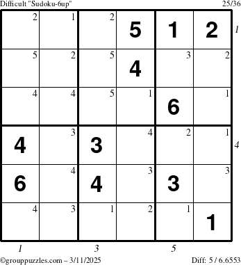 The grouppuzzles.com Difficult Sudoku-6up puzzle for Tuesday March 11, 2025 with all 5 steps marked