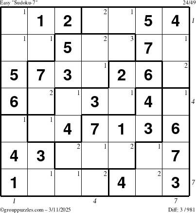 The grouppuzzles.com Easy Sudoku-7 puzzle for Tuesday March 11, 2025 with all 3 steps marked