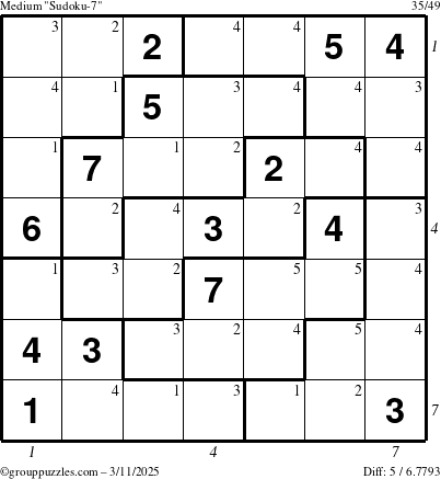 The grouppuzzles.com Medium Sudoku-7 puzzle for Tuesday March 11, 2025 with all 5 steps marked