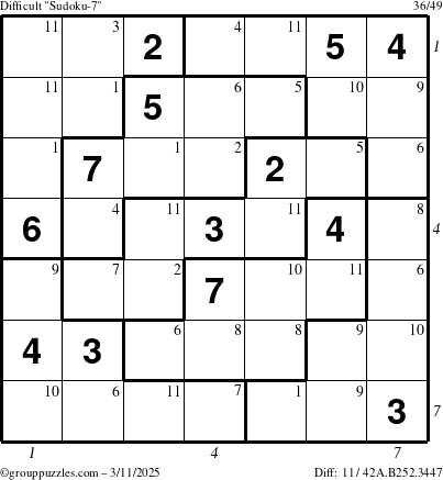 The grouppuzzles.com Difficult Sudoku-7 puzzle for Tuesday March 11, 2025 with all 11 steps marked