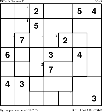 The grouppuzzles.com Difficult Sudoku-7 puzzle for Tuesday March 11, 2025 with the first 3 steps marked