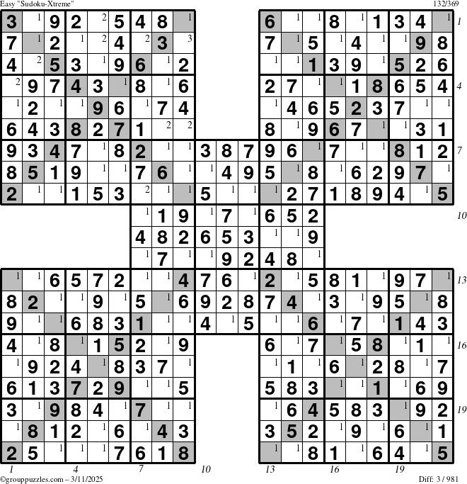 The grouppuzzles.com Easy Sudoku-Xtreme puzzle for Tuesday March 11, 2025, suitable for printing, with all 3 steps marked