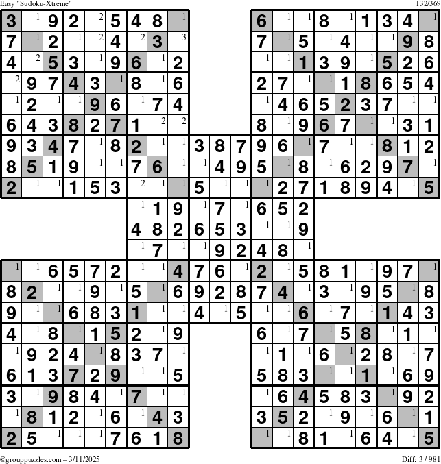 The grouppuzzles.com Easy Sudoku-Xtreme puzzle for Tuesday March 11, 2025 with the first 3 steps marked