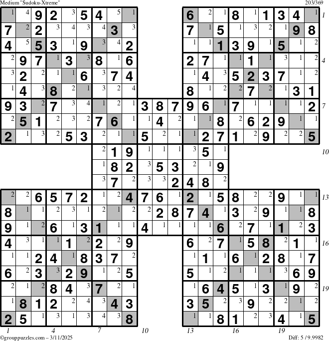 The grouppuzzles.com Medium Sudoku-Xtreme puzzle for Tuesday March 11, 2025 with all 5 steps marked