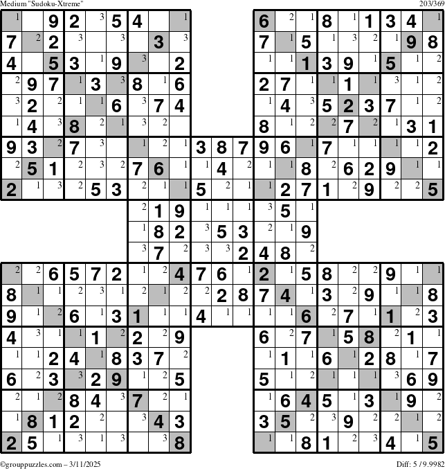 The grouppuzzles.com Medium Sudoku-Xtreme puzzle for Tuesday March 11, 2025 with the first 3 steps marked