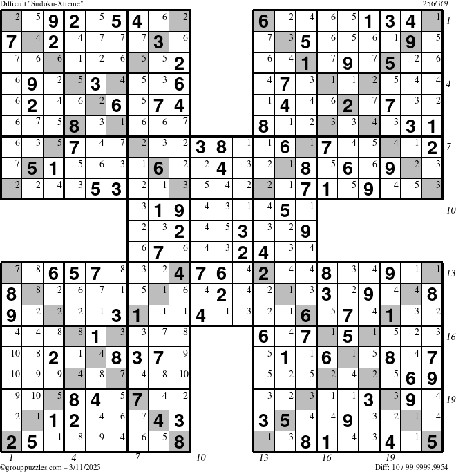 The grouppuzzles.com Difficult Sudoku-Xtreme puzzle for Tuesday March 11, 2025 with all 10 steps marked