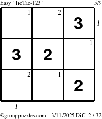 The grouppuzzles.com Easy TicTac-123 puzzle for Tuesday March 11, 2025 with all 2 steps marked