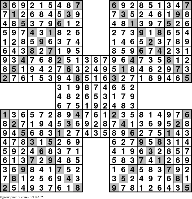 The grouppuzzles.com Answer grid for the Sudoku-Xtreme puzzle for Tuesday March 11, 2025