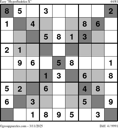 The grouppuzzles.com Easy HyperSudoku-X puzzle for Tuesday March 11, 2025