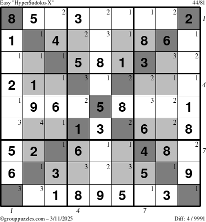 The grouppuzzles.com Easy HyperSudoku-X puzzle for Tuesday March 11, 2025 with all 4 steps marked