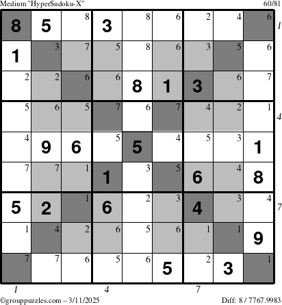 The grouppuzzles.com Medium HyperSudoku-X puzzle for Tuesday March 11, 2025 with all 8 steps marked