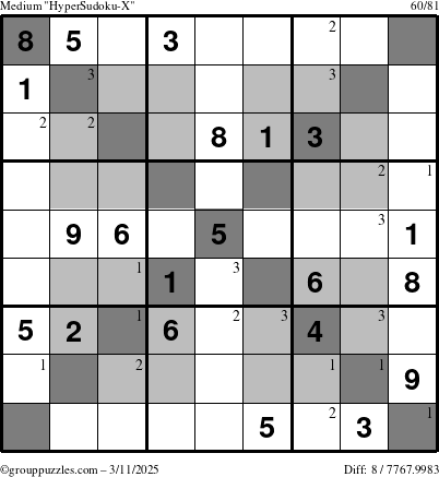 The grouppuzzles.com Medium HyperSudoku-X puzzle for Tuesday March 11, 2025 with the first 3 steps marked