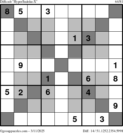 The grouppuzzles.com Difficult HyperSudoku-X puzzle for Tuesday March 11, 2025