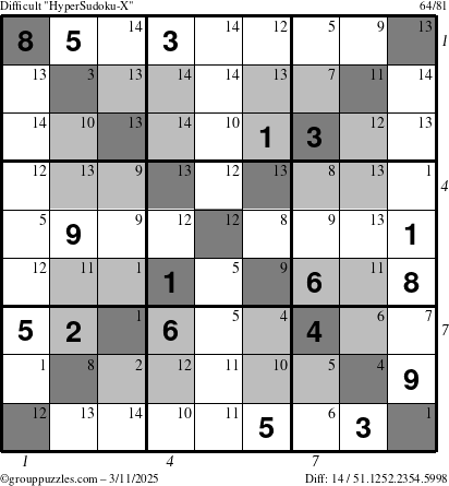 The grouppuzzles.com Difficult HyperSudoku-X puzzle for Tuesday March 11, 2025 with all 14 steps marked