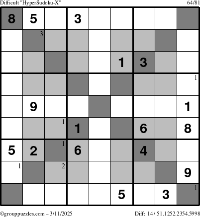 The grouppuzzles.com Difficult HyperSudoku-X puzzle for Tuesday March 11, 2025 with the first 3 steps marked