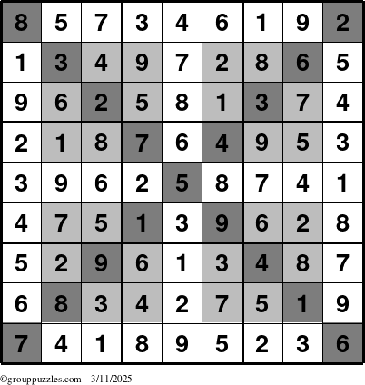 The grouppuzzles.com Answer grid for the HyperSudoku-X puzzle for Tuesday March 11, 2025