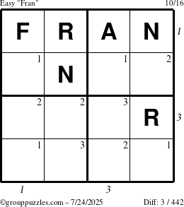 The grouppuzzles.com Easy Fran puzzle for Thursday July 24, 2025 with all 3 steps marked