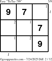 The grouppuzzles.com Easy TicTac-789 puzzle for Thursday July 24, 2025 with all 2 steps marked