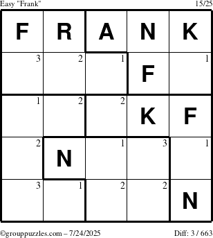 The grouppuzzles.com Easy Frank puzzle for Thursday July 24, 2025 with the first 3 steps marked