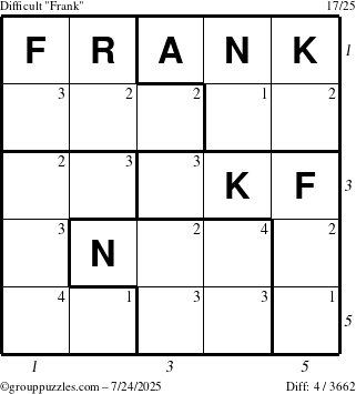 The grouppuzzles.com Difficult Frank puzzle for Thursday July 24, 2025, suitable for printing, with all 4 steps marked