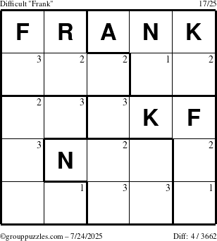 The grouppuzzles.com Difficult Frank puzzle for Thursday July 24, 2025 with the first 3 steps marked
