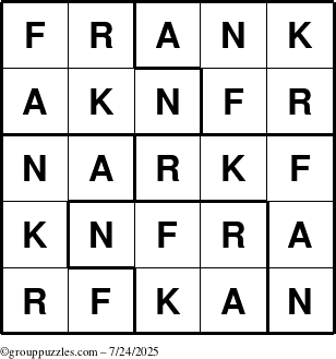The grouppuzzles.com Answer grid for the Frank puzzle for Thursday July 24, 2025