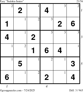 The grouppuzzles.com Easy Sudoku-Junior puzzle for Thursday July 24, 2025 with all 3 steps marked