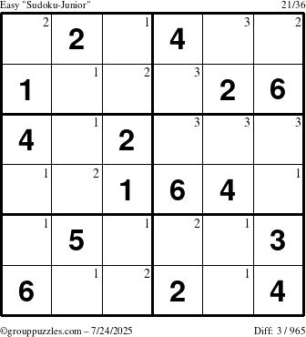 The grouppuzzles.com Easy Sudoku-Junior puzzle for Thursday July 24, 2025 with the first 3 steps marked