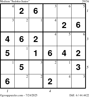 The grouppuzzles.com Medium Sudoku-Junior puzzle for Thursday July 24, 2025 with all 6 steps marked