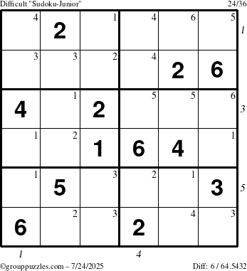 The grouppuzzles.com Difficult Sudoku-Junior puzzle for Thursday July 24, 2025 with all 6 steps marked