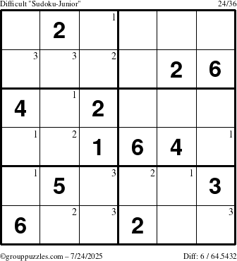 The grouppuzzles.com Difficult Sudoku-Junior puzzle for Thursday July 24, 2025 with the first 3 steps marked
