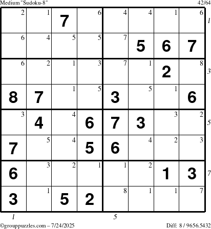 The grouppuzzles.com Medium Sudoku-8 puzzle for Thursday July 24, 2025 with all 8 steps marked