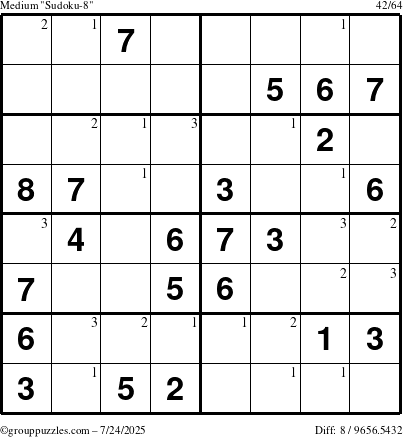 The grouppuzzles.com Medium Sudoku-8 puzzle for Thursday July 24, 2025 with the first 3 steps marked
