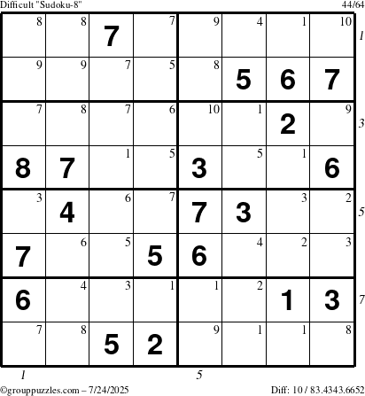 The grouppuzzles.com Difficult Sudoku-8 puzzle for Thursday July 24, 2025 with all 10 steps marked