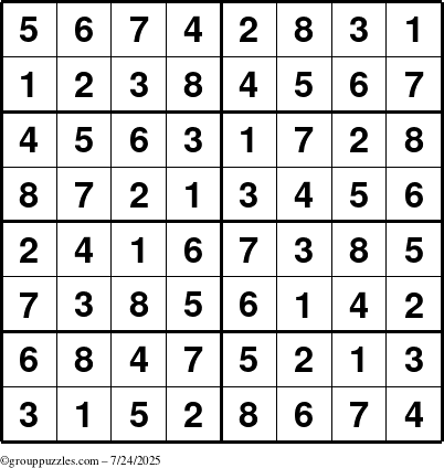 The grouppuzzles.com Answer grid for the Sudoku-8 puzzle for Thursday July 24, 2025