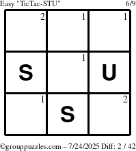 The grouppuzzles.com Easy TicTac-STU puzzle for Thursday July 24, 2025 with the first 2 steps marked