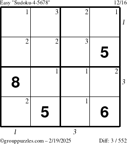 The grouppuzzles.com Easy Sudoku-4-5678 puzzle for Wednesday February 19, 2025 with all 3 steps marked