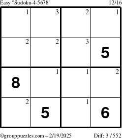 The grouppuzzles.com Easy Sudoku-4-5678 puzzle for Wednesday February 19, 2025 with the first 3 steps marked