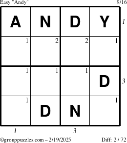 The grouppuzzles.com Easy Andy puzzle for Wednesday February 19, 2025, suitable for printing, with all 2 steps marked