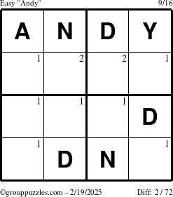 The grouppuzzles.com Easy Andy puzzle for Wednesday February 19, 2025 with the first 2 steps marked