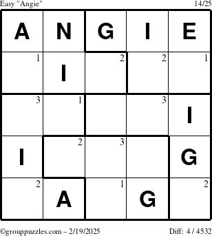 The grouppuzzles.com Easy Angie puzzle for Wednesday February 19, 2025 with the first 3 steps marked