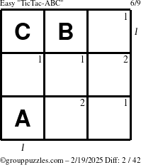 The grouppuzzles.com Easy TicTac-ABC puzzle for Wednesday February 19, 2025, suitable for printing, with all 2 steps marked