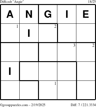 The grouppuzzles.com Difficult Angie puzzle for Wednesday February 19, 2025 with the first 3 steps marked