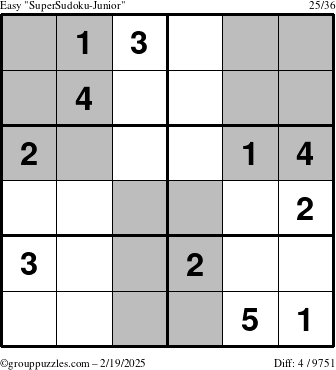 The grouppuzzles.com Easy SuperSudoku-Junior puzzle for Wednesday February 19, 2025