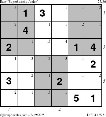 The grouppuzzles.com Easy SuperSudoku-Junior puzzle for Wednesday February 19, 2025 with all 4 steps marked